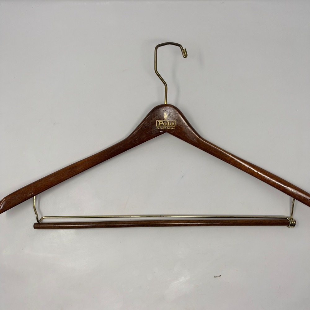 Polo Ralph Lauren Vintage Wood Suit Hanger Brown Gold Logo Brass Hook 19.5 Inch